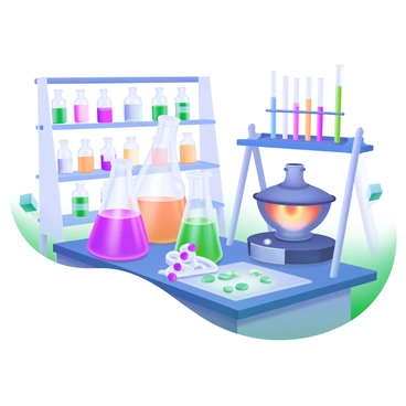 A chemistry lab table filled with various glassware, including several beakers of different sizes and shapes, flasks with narrow necks, and a collection of pipettes. The table is set against a backdrop of shelves lined with colorful chemical bottles and labels. A few test tubes are arranged in a rack, and a Bunsen burner sits nearby. The surface of the table is shiny and reflects the items placed on it.