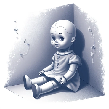 A vintage doll with a cracked porcelain face is positioned in the corner of a dusty room. The doll has glassy eyes that seem to stare blankly ahead. Its clothing is tattered and worn, showcasing faded patterns. The surrounding room contains cobwebs suspended in the corners and dust particles floating in the air. The walls show signs of age, with peeling wallpaper and scuff marks. Shadows gather in the dim light, enhancing the eerie atmosphere of the scene.