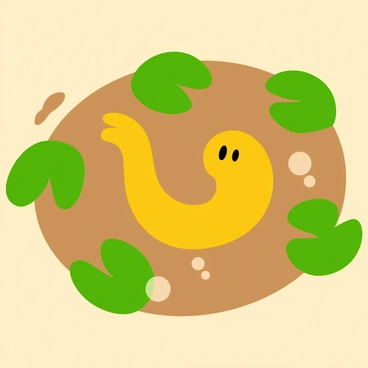 A close-up view of a "nematode" wriggling through "muddy water". The nematode is elongated with a smooth texture, displaying a slight curve as it moves. Surrounding the nematode are several "lily pads" floating on the surface, each with a vibrant green color and round shape. The muddy water has a brownish tint, with bubbles rising towards the surface. The scene captures the gentle ripples created by the movement of the nematode, emphasizing the dynamic interaction between the nematode and its environment.