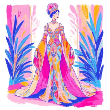 An exotic opera costume is displayed prominently, featuring intricate patterns inspired by Art Deco designs. The costume includes a fitted bodice adorned with geometric shapes and flowing lines, created from luxurious fabrics that shimmer and drape elegantly. The sleeves are long and structured, embellished with ornate beadwork. A flowing skirt extends from the waist, showcasing layers of delicate fabrics that create movement. Accessories include a striking headpiece that complements the costume's elaborate design and adds a theatrical flair. The entire ensemble is rich in color, highlighting the luxurious nature of the materials used.