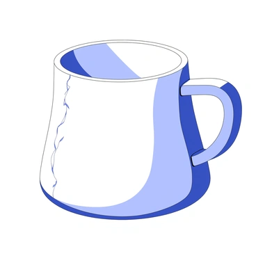 A coffee cup is placed on a wooden surface. The cup has a smooth, rounded body and a comfortable handle. From the side view, a fine hairline crack is visible, tracing along the surface of the cup. The cup is upright, showcasing its glossy finish. The interior of the cup is empty, and the light casts subtle shadows, emphasizing the crack's delicate appearance.