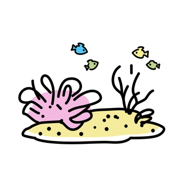 A colorful anemone, with long, flowing tentacles, is partially buried in the sandy ocean floor. The sandy texture surrounding it is dotted with small pebbles and bits of seaweed. Nearby, several small fish with vibrant scales are swimming, darting around the anemone in a playful manner. The water surrounding the scene is clear, allowing light to filter through, illuminating the underwater environment.