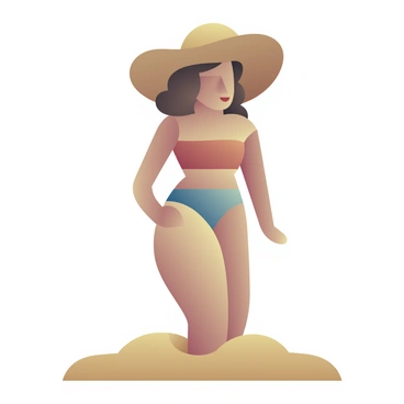 A woman in a retro bathing suit posing confidently on a sandy beach, with her hair styled in vintage waves and a wide-brimmed straw hat resting on her head.