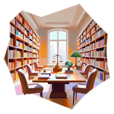 A vast library featuring tall wooden bookshelves filled with countless law books. The spines of the books are neatly arranged, displaying titles in gold lettering. In the center, there are several wooden tables with green leather reading lamps, surrounded by comfortable, plush chairs. The high ceiling is adorned with elegant crown molding, and large windows let in natural light, illuminating the room. Several legal reference materials, such as encyclopedias and journals, are also visible on the tables. A globe and a scale of justice sit in a corner, adding to the legal atmosphere of the space.