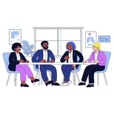 A diverse group of five professionals in an office setting. The individuals represent various ethnicities: a Black woman with curly hair in a smart blazer, a Hispanic man with short hair wearing glasses, an Asian woman with a straight bob haircut dressed in a tailored outfit, a Middle-Eastern man with a beard in a collared shirt, and a white woman with blonde hair in a business suit. They are gathered around a large conference table, engaged in discussion. The office features a modern design with large windows letting in natural light, plants in the corners, and motivational posters on the walls. Each professional displays a confident posture, symbolizing leadership and collaboration.
