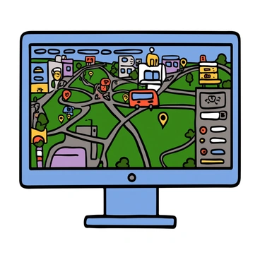 A computer screen with a sleek design displaying a bus simulator game interface. The interface shows a detailed map of a virtual city route with various streets, landmarks, and bus stops. There are controls and indicators on the screen, including speed, time, and passenger count. The city visible on the map features colorful buildings, trees, and road signs, creating a vibrant urban environment. The bus icon is prominently placed on the map, indicating the current position and route of the bus.