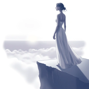 A model stands on a cliff, surrounded by a thick layer of mist that obscures the ground below. The model wears a flowing gown that drapes elegantly around her figure, with the fabric appearing lightweight and delicate. The sunset casts a soft glow, illuminating the scene with gentle light and creating shadows that play across the cliff's edge. The model's hair is gently tousled by the breeze, adding to the ethereal quality of the moment. She gazes thoughtfully into the distance, embodying a tranquil but powerful presence against the dramatic backdrop of the mist and cliff.