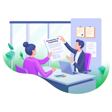 A bright office space with large windows letting in plenty of natural light. An insurance agent is sitting at a sleek, modern desk, wearing a professional outfit. The agent is gesturing towards a document labeled "Contract of Indemnity," which they are explaining to a client. The client, seated across the desk, is attentively looking at the document with a focused expression. There are decorative plants in the corners of the room, and a wall with framed certificates and licenses hanging prominently. A laptop and a set of colorful pens are placed on the desk, adding to the professional atmosphere.