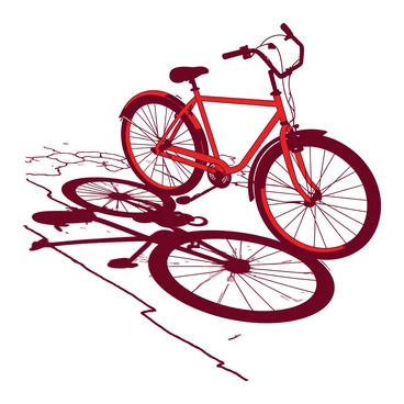 A red bicycle is positioned on a cobblestone street, with its shadow prominently cast on the ground. The cobblestones have a varied texture, displaying different shades of gray. The early morning light creates long, defined shadows that stretch across the street, emphasizing the bicycle's frame and wheels. Soft beams of light illuminate the scene, highlighting the contours of the cobblestones and adding depth to the image. The atmosphere conveys a sense of calm and quiet as the day begins.