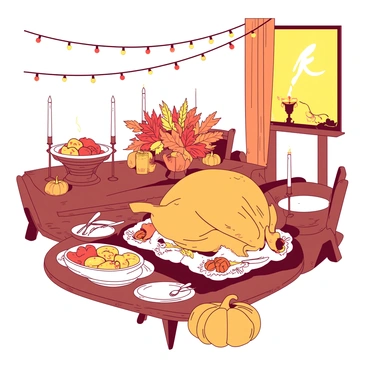 A warm and inviting dining room is adorned with colorful seasonal decorations, creating a festive atmosphere. A large, golden-brown turkey is placed prominently on a polished wooden table, surrounded by an array of side dishes in vibrant serving dishes. The table is elegantly set with white plates, shiny silverware, and folded yellow napkins. Strings of lights drape across the ceiling, casting a soft glow over the scene. A centerpiece formed by a lush arrangement of orange and red autumn leaves adds to the holiday spirit, while small pumpkins and candles are scattered around the table for an extra touch of charm.