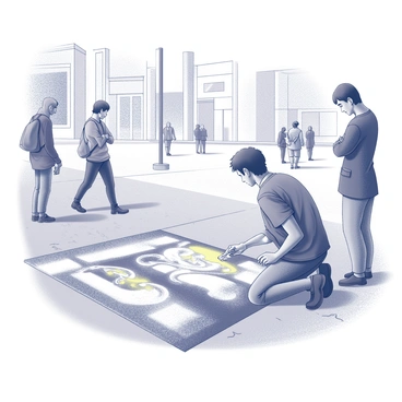 A street artist is kneeling on the sidewalk, focused on creating a large chalk mural. The artist is using a variety of colored chalks, blending them carefully to form intricate patterns and scenes. Nearby, a patron stands observing intently, with arms crossed, showing appreciation for the artist's work. The surrounding area is filled with a few pedestrians walking by, some stopping briefly to glance at the mural. The sidewalk is textured with cracks and imperfections, adding to the urban setting. The backdrop includes nearby buildings, with their details sketched out clearly.