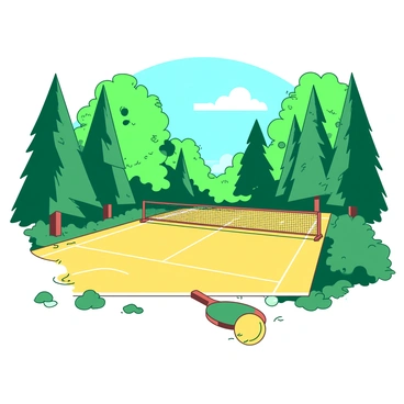 A pickleball court located in a serene forest setting surrounded by tall trees