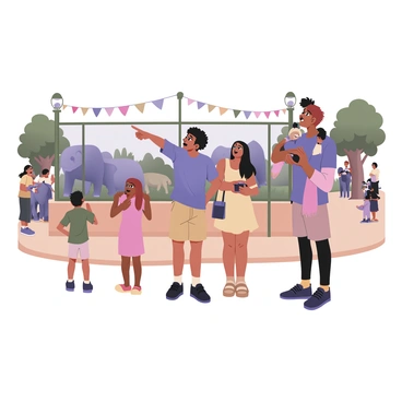 A digital flat illustration depicting several families at a zoo. In the foreground, a family of four is gathered near a large animal enclosure. The father, with light brown skin and short curly hair, is pointing excitedly at a lion inside the enclosure. He is wearing a blue t-shirt and khaki shorts. The mother, with medium skin and long black hair, is holding a camera and wearing a pink sundress. Two children, a boy with short black hair in a green t-shirt and a girl with a ponytail wearing a yellow dress, are looking at the lion with wide eyes. 

In the background, another family can be seen observing a group of elephants. A father with dark skin is lifting his son onto his shoulders for a better view. The mother, with light skin and wavy red hair, is taking a photo of the elephants. Surrounding the zoo area are green trees, colorful banners, and a few other visitors enjoying their day, creating a lively atmosphere. 