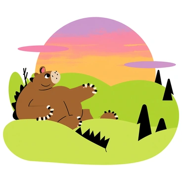 The Gruffalo is depicted resting on a grassy hill, surrounded by rolling green terrain. The sun is setting in the background, casting vibrant hues of orange, pink, and purple across the sky. The Gruffalo, with his distinctive features, has a relaxed expression as he gazes at the colorful sunset. Silhouettes of trees and bushes can be seen in the foreground, adding depth to the scene. The overall atmosphere captures a peaceful moment in nature.