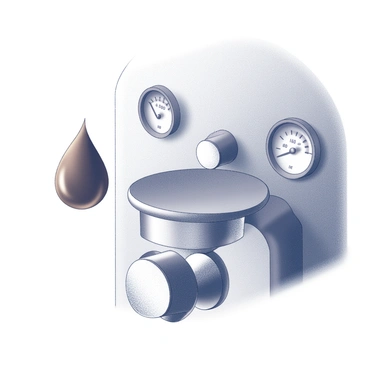 A close-up view of a perfectly formed coffee droplet suspended on the edge of an espresso machine nozzle. The nozzle is shiny and metallic, reflecting light as it protrudes from the machine. The rich, dark brown coffee droplet is smooth and glossy, hanging precariously, as if caught in a moment of tension before falling. The background features subtle details of the espresso machine, including gauges and buttons, creating a context that emphasizes the focus on the droplet.