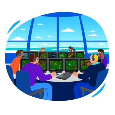 A group of air traffic controllers working diligently inside a large control tower. Each controller is positioned in front of expansive radar screens displaying glowing colored blips representing various aircraft in the sky. The screens are filled with maps and flight paths, illuminated in vibrant colors. The controllers are wearing headsets and focused expressions, actively communicating and coordinating air traffic. Large windows behind them reveal a bright blue sky dotted with distant airplanes taking off and landing. The interior of the control tower is modern and organized, with equipment and monitors surrounding the operators.