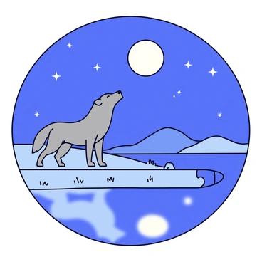 A gray wolf standing at the edge of a calm lake. The wolf has its head raised, howling towards the night sky. The moonlight casts a silvery glow on the scene. The water of the lake reflects the wolf's image, mirroring its majestic posture. Surrounding the lake, there are gentle hills covered in sparse grass. The sky above is filled with scattered stars, adding to the tranquil atmosphere.