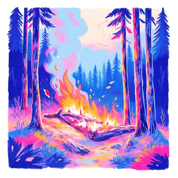 A dense forest is depicted with tall, towering trees that are primarily coniferous. Flames are visible, rapidly engulfing the lower trunks of the trees and creating thick, swirling smoke that billows into the air. The ground is covered in dry underbrush, which is also catching fire. Some trees have already fallen, their charred remains contrasting against the bright flames. In the background, the sky is darkened by smoke, with the sunlight filtering through, casting an eerie glow over the scene. There are embers floating in the air, adding to the chaotic atmosphere of the wildfire spreading through the forest.