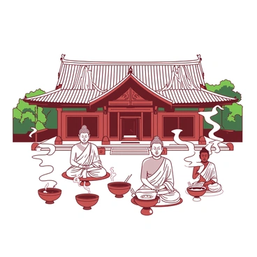 A large traditional Buddhist temple with ornate architecture, featuring a prominent roof adorned with intricate designs. In front of the temple, there are multiple statues of Buddha in various poses, each made of a textured stone material. Surrounding the statues, wisps of smoke rise from several incense sticks that are placed in decorative holders made of clay. The temple is set against a backdrop of lush greenery, enhancing the serene atmosphere of the scene.