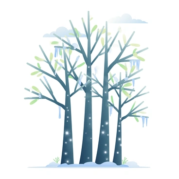 A group of tall trees with dark bark is standing in a winter landscape. The branches of the trees are coated in a thin layer of ice, causing them to glisten in the light. The ice creates a sparkling effect as it reflects the sunlight. Some leaves are still visible, their edges frosted with ice. The ground is covered with a light dusting of snow, and the sky above is softly overcast, hinting at more winter weather. Small icicles hang delicately from the branches, completing the winter scene.