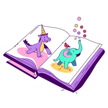 An open children's book is resting on a wooden table. The pages are filled with illustrations of whimsical characters. One page features a purple dragon wearing a yellow party hat, joyfully dancing with a pink unicorn that has a sparkling mane. On the opposite page, there is a teal elephant juggling colorful balls while a small red bird watches excitedly. The background of the scene is softly illuminated, highlighting the vibrant colors of the illustrations.