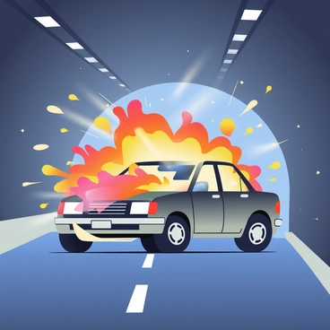 A car explosion inside a dimly lit tunnel with sparks flying