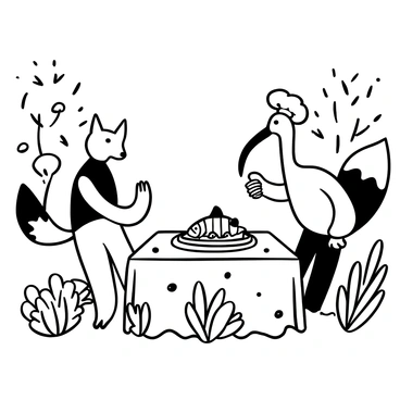 A clever fox wearing a chef's hat stands at a dining table set in a forest clearing. On the table, there is a large, ornate platter featuring a single, elegantly arranged fish laid out in a gourmet style. A stork, tall and poised, looks on from the opposite side of the table, with its long neck craned towards the fish. The background features trees with leaves and a soft, textured ground. The fox has a playful posture, gesturing towards the fish with its paw, while the stork tilts its head in confusion at the meal presentation. Surrounding the scene are various forest elements like mushrooms and ferns, enhancing the whimsical ambiance.