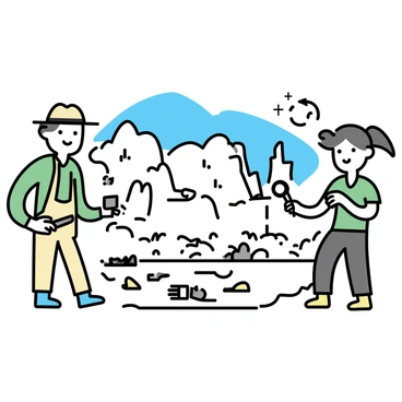 A group of archaeologists is working at a dig site in Jordan. One archaeologist, wearing a beige hat and holding a trowel, is carefully brushing dirt off a pottery fragment. Another archaeologist, dressed in a green shirt and cargo pants, is examining a stone tool with a magnifying glass. There are several brushes and tools scattered around them on the ground. In the background, the landscape includes rocky hills and sparse vegetation under a clear blue sky. Some ancient stone structures can be seen partially emerging from the earth nearby.