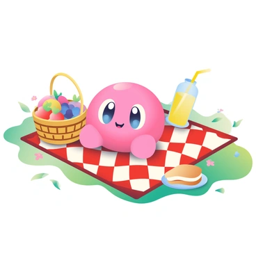 A round pink character with big eyes, resembling "Kirby," is sitting on a red and white checkered blanket spread on the grass. There are various colorful picnic items around, including a wicker basket filled with fruits like apples and grapes. A sandwich sits on a small plate to the right, and a bottle of lemonade with a yellow straw is placed nearby. The scene is surrounded by vibrant green grass and a few scattered wildflowers, creating a cheerful atmosphere for the picnic.
