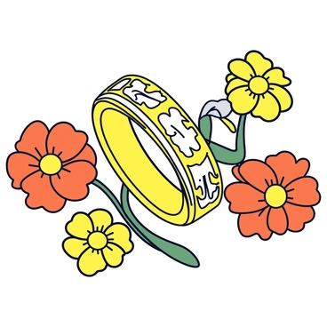 A close-up view of two intricately designed wedding rings with elaborate patterns and details. The rings are made of yellow gold and white gold, showcasing their unique craftsmanship. Surrounding the rings are vibrant marigold flowers with rich orange and yellow petals, adding a contrasting color to the scene. The flowers are arranged in a natural, organic manner, emphasizing the beauty of the rings. The background is softly blurred to keep the focus on the rings and the marigold flowers.