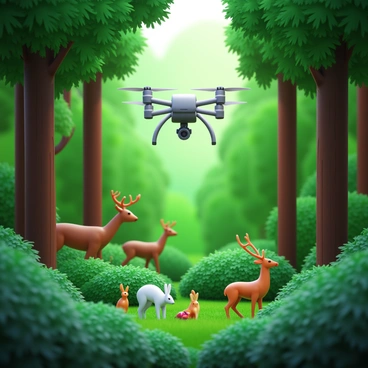 A drone flying through a dense forest filled with tall trees and thick foliage. The drone is equipped with a high-resolution camera. Below the drone, various wildlife such as deer, rabbits, and colorful birds are visible among the underbrush. Sunlight filters through the leaves, creating dappled light on the forest floor. The overall scene captures a vibrant ecosystem in motion.