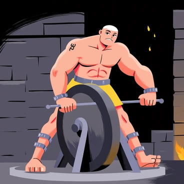 A muscular man named "Samson" with a shaved head is shown straining as he pushes a large, heavy "millstone" in a dimly lit "prison setting." His arms are visibly strong, with muscles bulging as he exerts effort. The prison walls are made of rough, grey stone, and there are faint shadows cast by torches flickering along the walls. Heavy iron "shackles" are attached to his wrists, limiting his movement. The atmosphere is tense, emphasizing his struggle and determination.