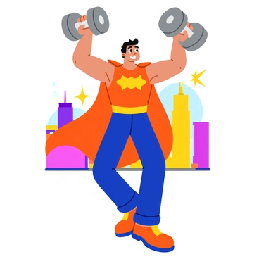 A comic book hero with a muscular build is performing an exaggerated dumbbell shoulder press. The hero has a bright costume featuring bold colors, with a flowing cape that dramatically flares out behind them. Their facial expression shows intense concentration as they lift the large, oversized dumbbells high above their head. The dumbbells feature a shiny metallic finish, reflecting light. The hero stands in a dynamic pose, with one foot forward and a strong stance. A cityscape in vibrant colors can be seen in the background, adding to the scene's energy.