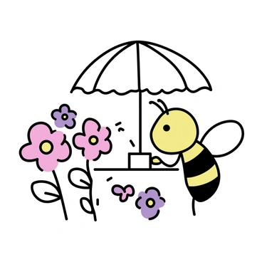 A cartoon bee, with bright yellow and black stripes, is sitting at a small table in a miniature café. The table is surrounded by colorful flowers in various shades of pink, purple, and yellow. The bee is holding a tiny cup, sipping nectar from it. The café has a whimsical design, featuring a striped umbrella overhead providing shade. The scene is lively, with more flowers blooming around the café, creating a cheerful and vibrant atmosphere.