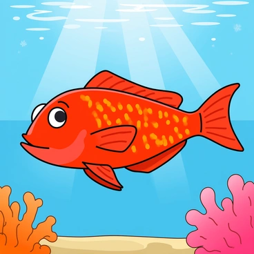A large red fish with bright, vibrant scales swimming gracefully through clear blue water. The fish has distinct features, with a wide mouth and large, expressive eyes. Sunlight filters from above, casting shimmering reflections on the water's surface. Colorful coral formations can be seen in the background, adding shades of orange and pink that contrast beautifully with the fish's deep red hue. The scene captures the fish in motion, creating a sense of liveliness in the underwater environment.
