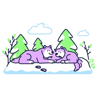 A pack of grey wolves is resting together on a snowy landscape. The wolves are positioned in a huddle, their fur appearing thick and fluffy as they lounge. Some wolves are lying down, while others are sitting up with their ears perked, alert to their surroundings. In the background, snow-covered trees with branches heavy with snow contrast with the wolves. The ground is blanketed in a thick layer of snow, creating a serene environment. A few paw prints can be seen leading towards the pack, suggesting their recent movement through the snow. The sky above is cloudy, hinting at more snowfall to come.
