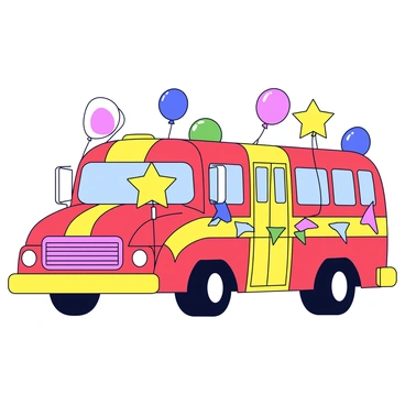 A large, colorful bus decorated for a festive city parade. The bus has vibrant red and yellow paint, with bright blue and green streamers hanging from the sides. Various balloons in different shapes and sizes are attached to the bus, floating cheerfully in the air. There are two large balloons shaped like stars on the front and several smaller round balloons scattered along the roof. The scene conveys a sense of celebration and joy, with the bus ready to join the parade.