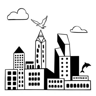 A city skyline featuring several tall buildings arranged in a row. Each building has architectural details that suggest they are transforming into iconic animal shapes when viewed from different angles. One skyscraper features a facade that resembles the outline of a majestic eagle in flight. Another building takes the form of an elegant giraffe, its neck extending upwards. Further along the skyline, a structure is designed to mimic a leaping dolphin. The overall composition captures the dynamic nature of the city, with clouds above enhancing the visual impact.