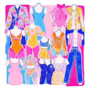 A collage of body templates featuring various fabrics, patterns, and textures for a fashion collection