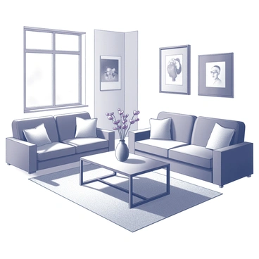 A living room with a comfortable atmosphere. The room features a coffee table at the center, adorned with a decorative arrangement of "bleeding heart flowers" in a sleek vase. Surrounding the table are soft seating options, including a plush sofa with decorative cushions. Light filters in through a window, casting gentle shadows across the room. A rug lies underneath the seating area, adding warmth and texture to the space. The walls display framed artwork and photographs, enhancing the cozy ambiance.
