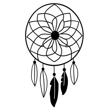 A large mandala with intricate geometric patterns at its center, surrounded by dreamcatcher elements. The mandala includes symmetrical shapes and lines, creating a sense of balance. Attached to the lower part of the mandala are several long feathers, hanging freely. The dreamcatcher features a delicate net design woven throughout, with additional smaller beads incorporated into the pattern. The overall composition is harmonious, merging the mandala and dreamcatcher elements seamlessly.