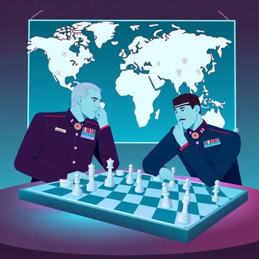 Two generals, one with a stern expression and graying hair, dressed in a dark military uniform adorned with medals, and the other with a youthful appearance, wearing a lighter uniform with insignias, are intensely focused on a chessboard. The chessboard is set up in a dimly lit room, with pieces that resemble military tanks and soldiers. A large map of the world is pinned to the wall behind them, highlighting various strategic locations marked in red and blue. The atmosphere is charged with tension, as both generals lean forward, deep in thought, contemplating their next moves in a game that symbolizes Cold War strategies.