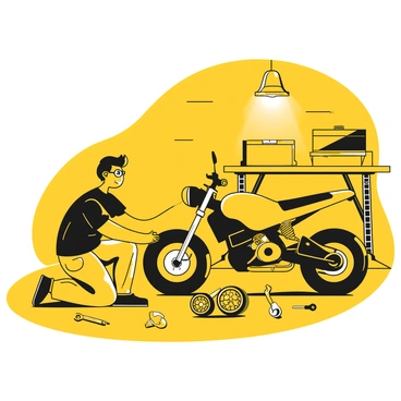 A person kneeling on the floor of a garage, focused on a motorcycle. The individual wears a black shirt and jeans. Their glasses are perched on their head. Tools are scattered around, including wrenches and a screwdriver. The motorcycle is partially disassembled, with parts like the engine and wheels visible. A workbench in the background holds a toolbox and a few spare parts. The garage has concrete walls and a faint light coming from a single overhead bulb.