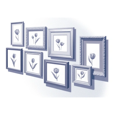 A gallery wall filled with a variety of ornate frames, each showcasing different illustrations of tulips. The frames are intricately designed, with decorative patterns and carvings. The illustrations depict several types of tulips, capturing their distinct shapes and details. The arrangement of the frames is symmetrical, creating a visually pleasing layout. The wall itself is adorned with a subtle texture, enhancing the overall presentation of the artwork.