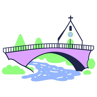 A bridge with an elegant design is spanning over a flowing river. The bridge features arched pathways and decorative railings. The river below reflects the surroundings with gentle ripples. On the far side of the river, there is a small church with a steeple and a pointed roof. The church has a simple façade with a door and a few windows. Surrounding the church are neatly trimmed bushes and small trees. The scene conveys a sense of calm and serenity.