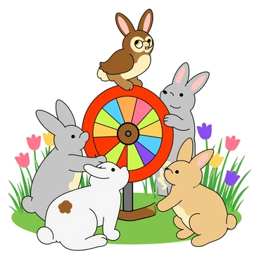 A group of whimsical rabbits with fluffy tails and large ears are gathered around a colorful spinning wheel. Each rabbit has a distinct color; one is white with patches of brown, another is soft gray, and a third has a light tan coat. Sitting atop the spinning wheel is a wise-looking owl with big, round eyes, its feathers a mix of brown and cream. The rabbits are playfully interacting with the wheel, some looking curiously at its bright colors and others with their ears perked up in excitement. In the background, there are vibrant flowers and tall grass, adding to the lively scene.