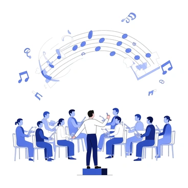 A conductor stands on a stage, poised with a baton in hand, leading a symphony orchestra. The conductor, dressed in formal attire, faces the musicians who are arranged in a semicircle, each holding their respective instruments. Above the orchestra, swirling musical notes are transformed into intricate shapes and patterns, representing various algorithm processes. These notes flow seamlessly from the instruments, creating a visual connection between the music and the abstract concepts of algorithms. The scene captures the energy of the performance, with the conductor's focused expression conveying the depth of the music being created.