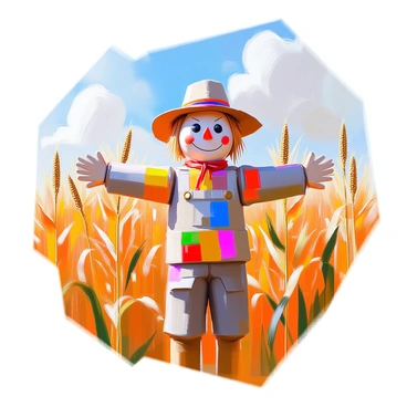 A cheerful scarecrow with a friendly expression stands proudly in the center of a cornfield. It is dressed in a colorful patchwork outfit, featuring various bright fabrics and patterns, with a wide-brimmed straw hat sitting atop its head. The scarecrow's arms are outstretched, inviting the viewer into the scene. Surrounding it are tall, golden cornstalks swaying gently in the breeze, their leaves rustling softly. Above, a clear blue sky stretches endlessly, with a few fluffy white clouds drifting by, adding to the vibrant atmosphere of the landscape.