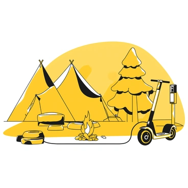 A segway is parked near a charging station at a campsite. The segway has a sleek design with visible charging cords attached. In the background, there are two tents set up, one larger and one smaller, with the flaps open. A campfire crackles nearby, surrounded by a circle of stones. There are logs placed around the campfire for seating, and a few trees can be seen in the distance, creating a natural boundary around the campsite.