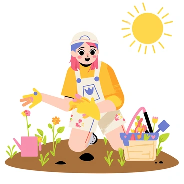 A "kawaii anime girl" with large expressive eyes and colorful hair is kneeling on the ground. She is wearing a bright, cheerful outfit adorned with floral patterns. In her hands, she is carefully planting small seeds in the soil. Next to her, there is a "watering can" in a pastel color and a "basket of gardening tools," which includes a small shovel and gloves. Surrounding her are green sprouts emerging from the ground, and the scene is filled with blooming flowers in vibrant colors. The sun is shining brightly above, creating a warm atmosphere.